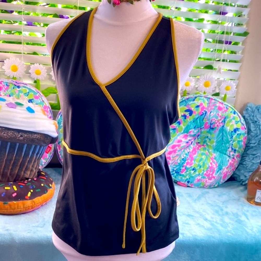 Wimbledon black wrap look stretchy top with gold trim & side tie